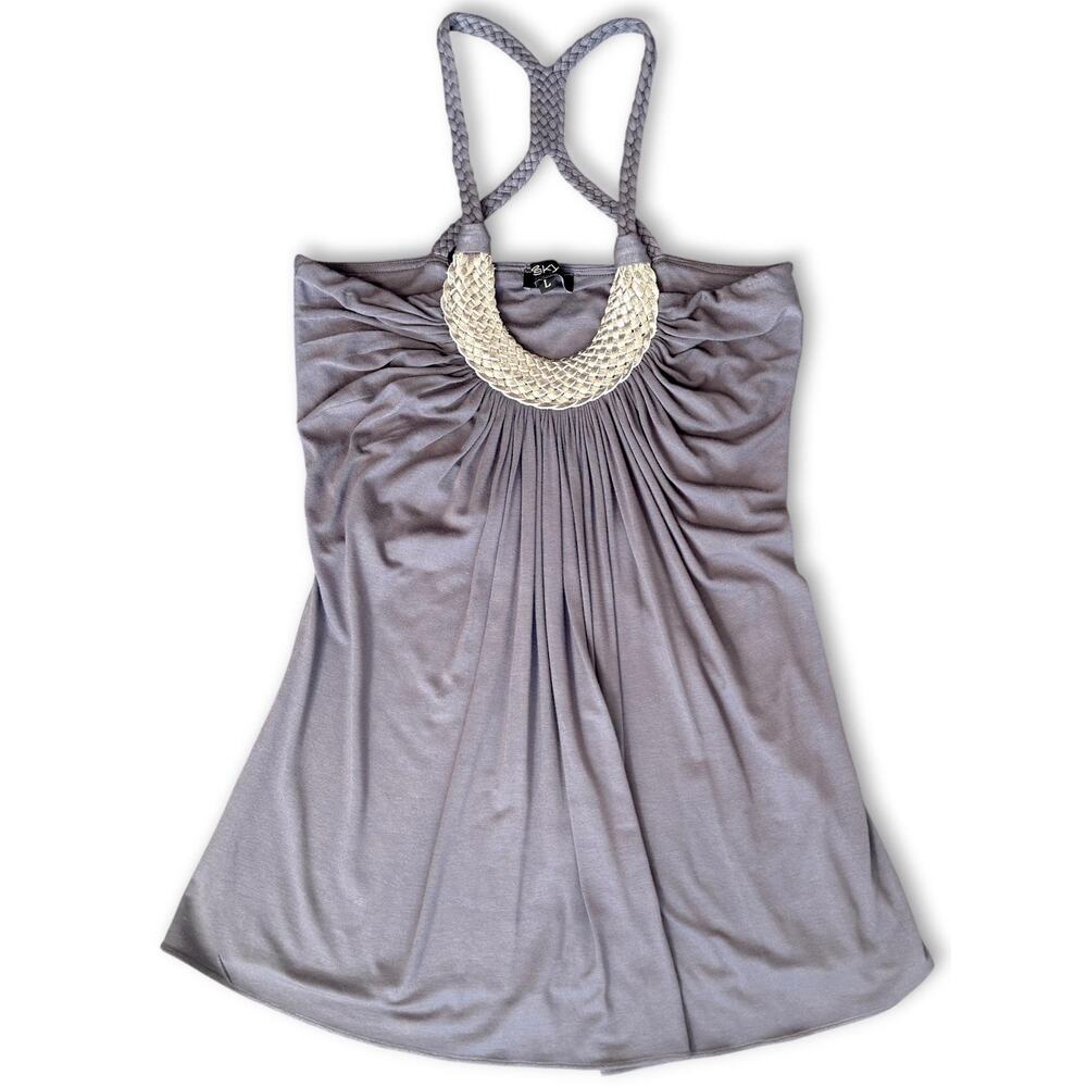 Y2K Metallic Halter Top L Gray Silver Braided Leather Straps McBling Cyber Boho